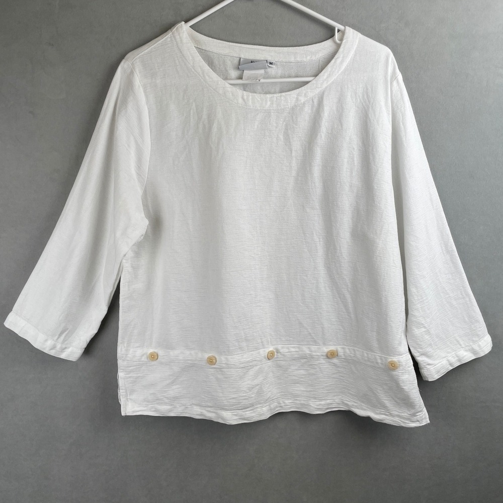 VTG‎ Hot Cotton Marc Ware White Textured 100% Cotton Button Hem Blouse Sz M USA